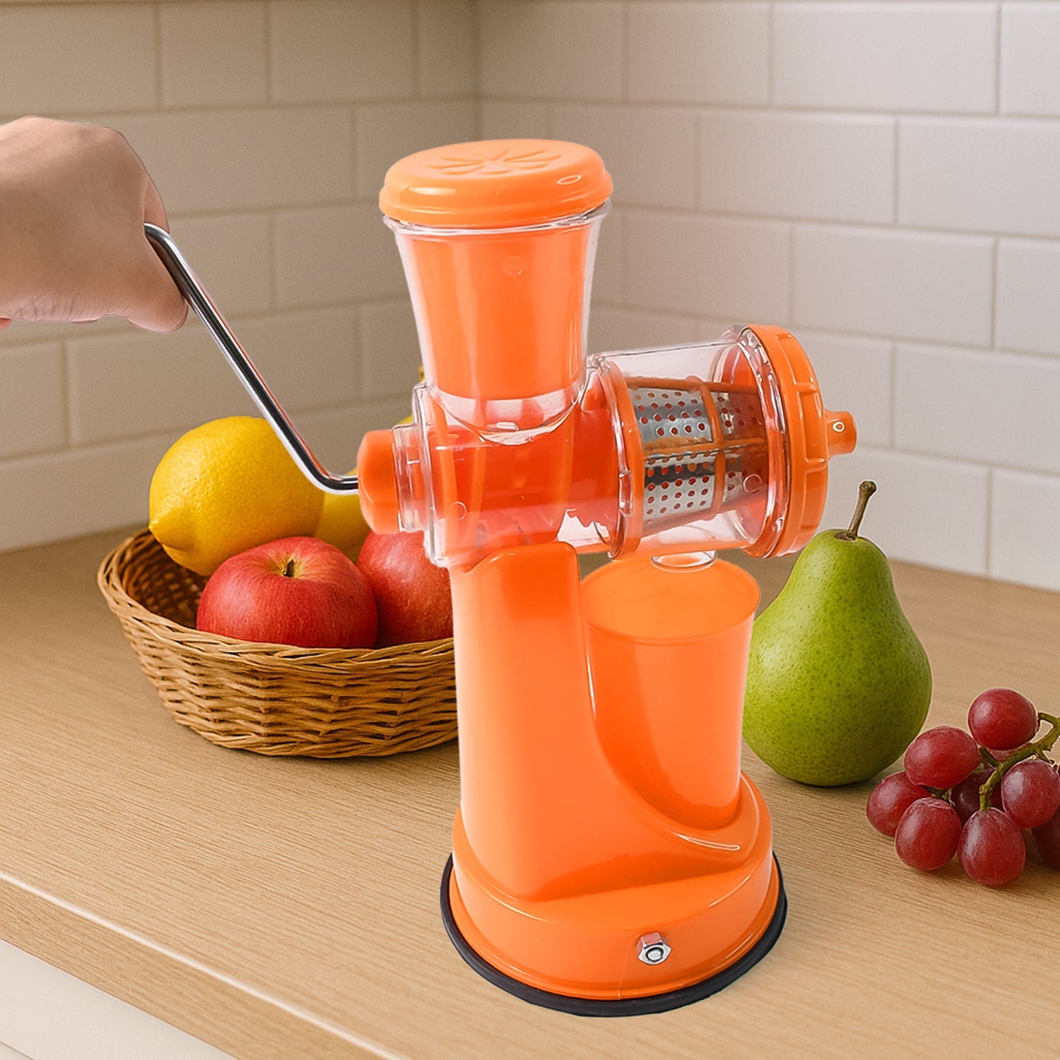 Manual Fruit Juicer securely clamped to a counter, effortlessly extracting juice.