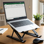 Side view of the foldable tablet stand set up on a desk, highlighting its compact profile.