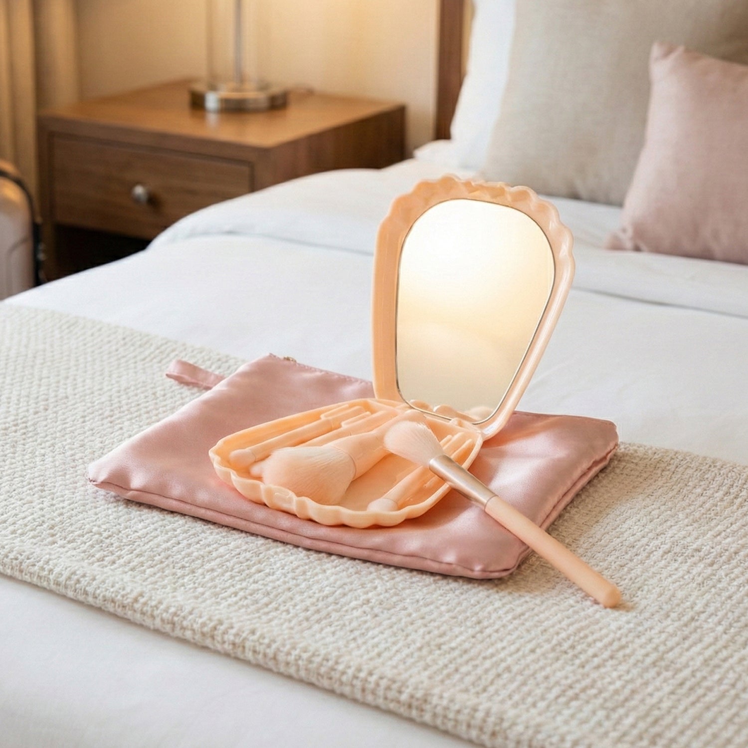 Compact cosmetic brush kit with built-in mirror for travel