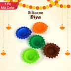 Multiple colourful silicone diyas arranged artistically, creating a warm and inviting ambiance.