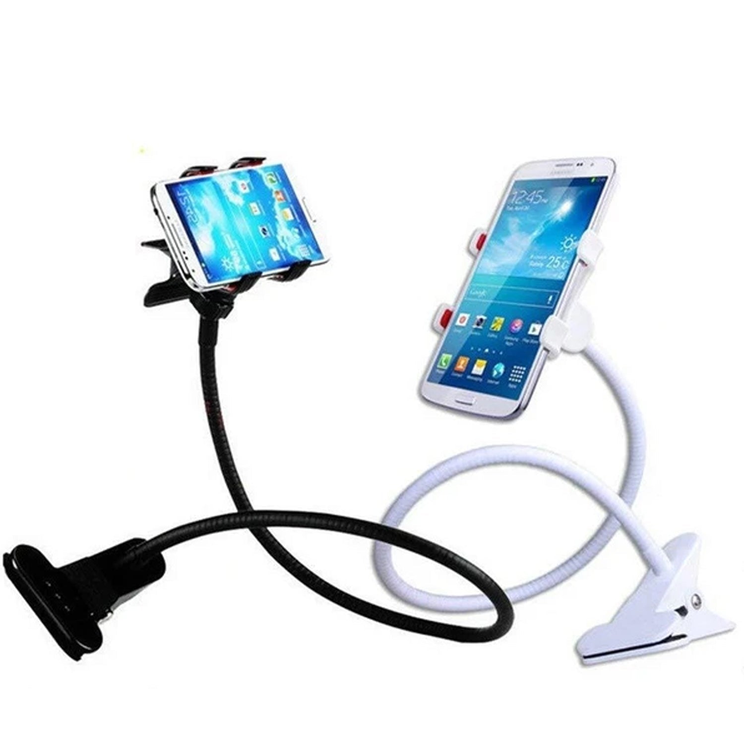 Metal phone stand showcasing its sturdy clip base and versatile angle.
