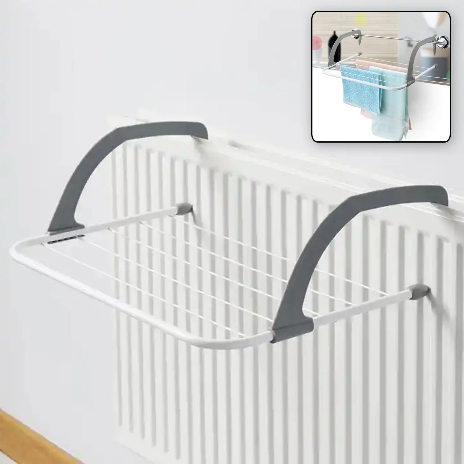 Space-saving folding drying rack easily hooks onto a door for convenient indoor laundry.