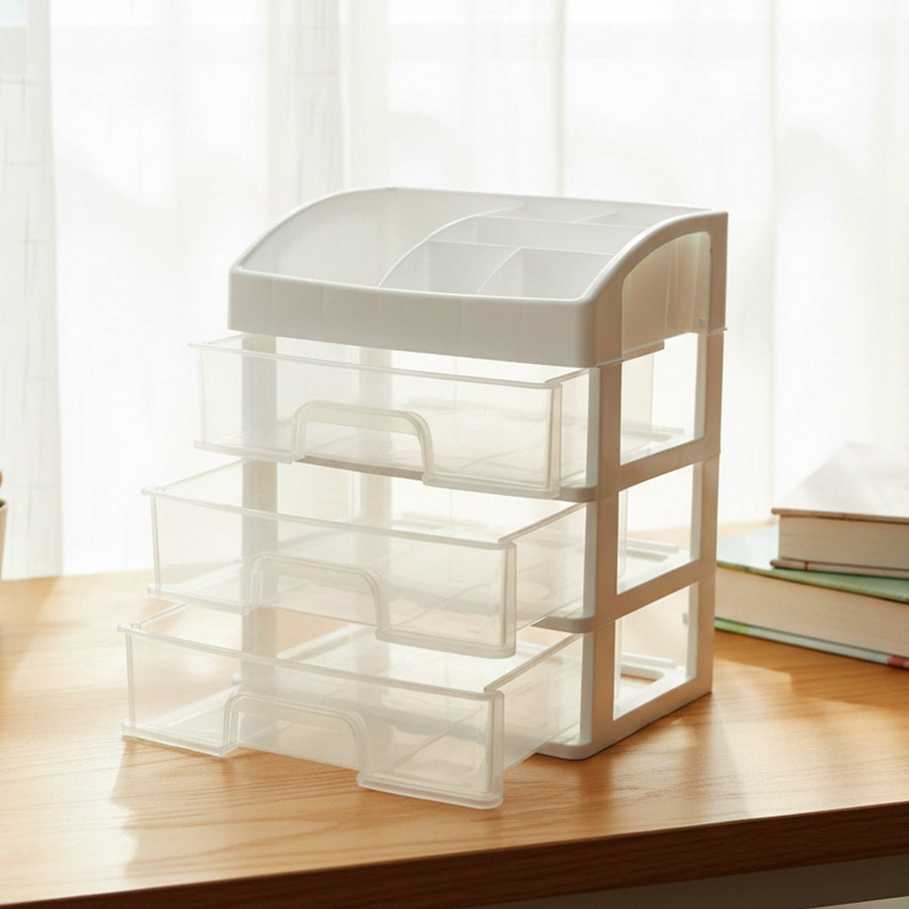 Front view of 3 layer multipurpose desktop organizer with clear drawers