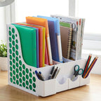 Side view of desk organizer stand holding files and books vertically.