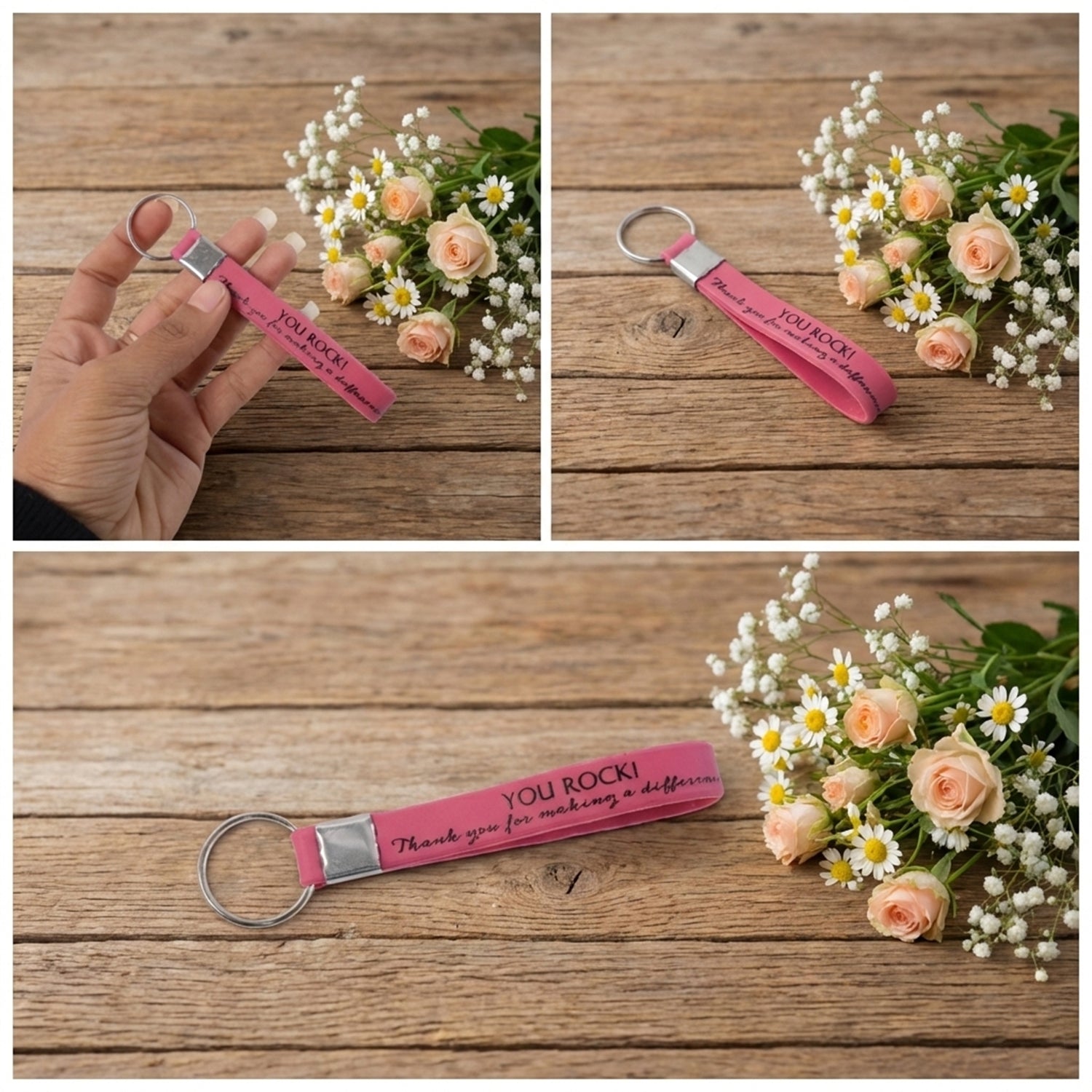 Colorful silicone wrist strap keychain laid out on surface