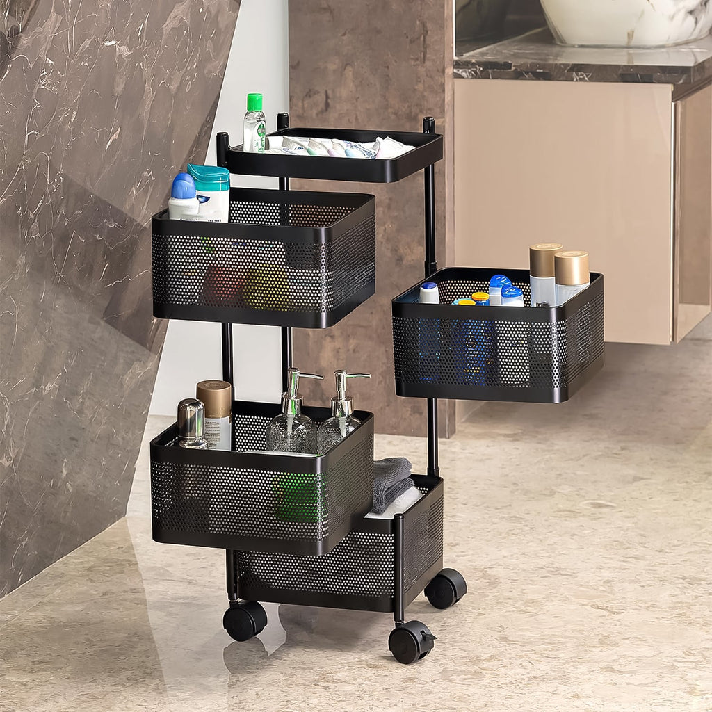Rollable metal kitchen trolley featuring layered mesh baskets