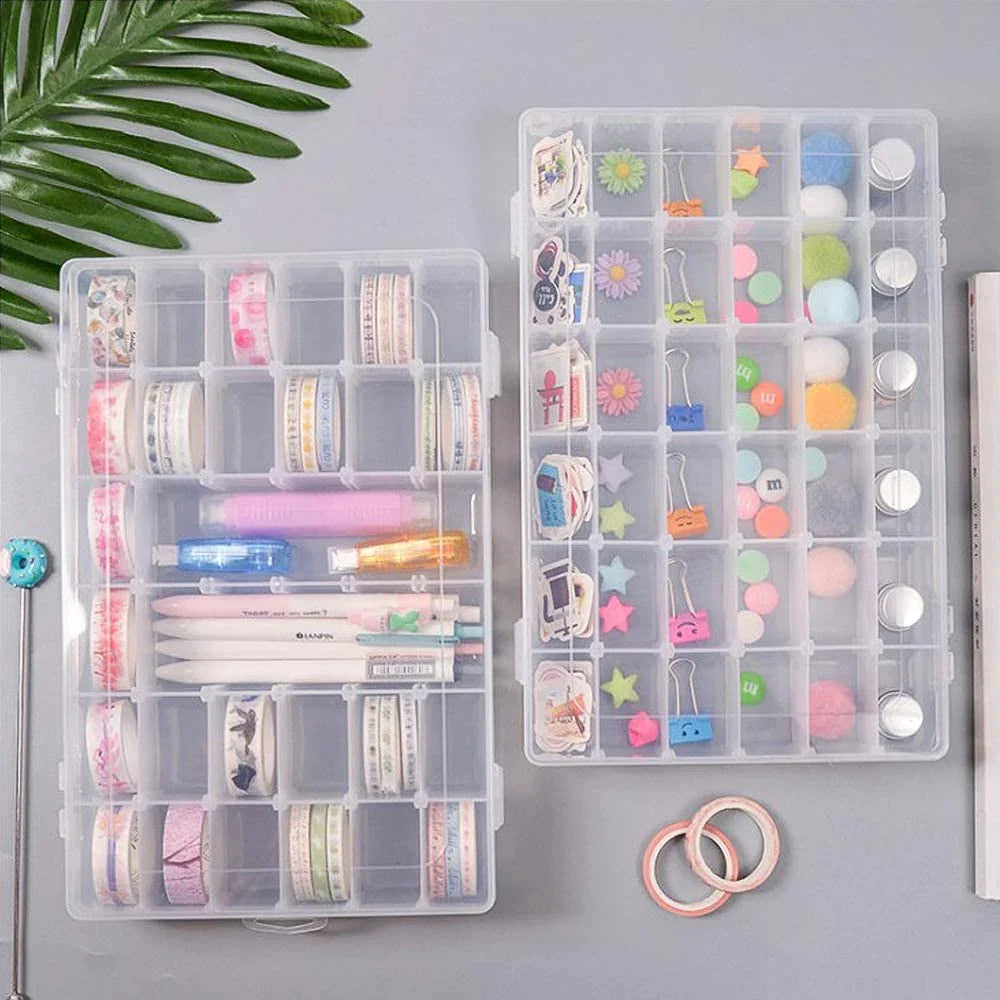 Transparent plastic organizer box with 36 compartments, ideal for beads.