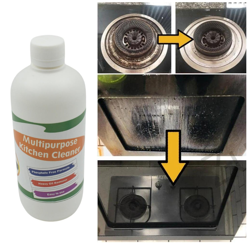 Detailed view of non-toxic kitchen degreaser spray bottle label.