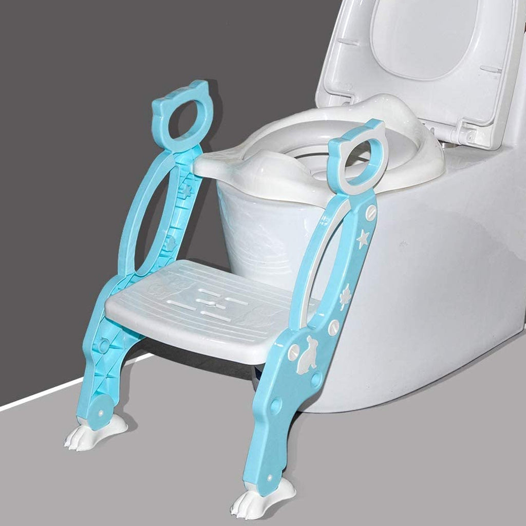 Potty training seat with integrated step stool ladder for toddlers in a bathroom.