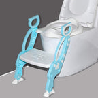 Potty training seat with integrated step stool ladder for toddlers in a bathroom.