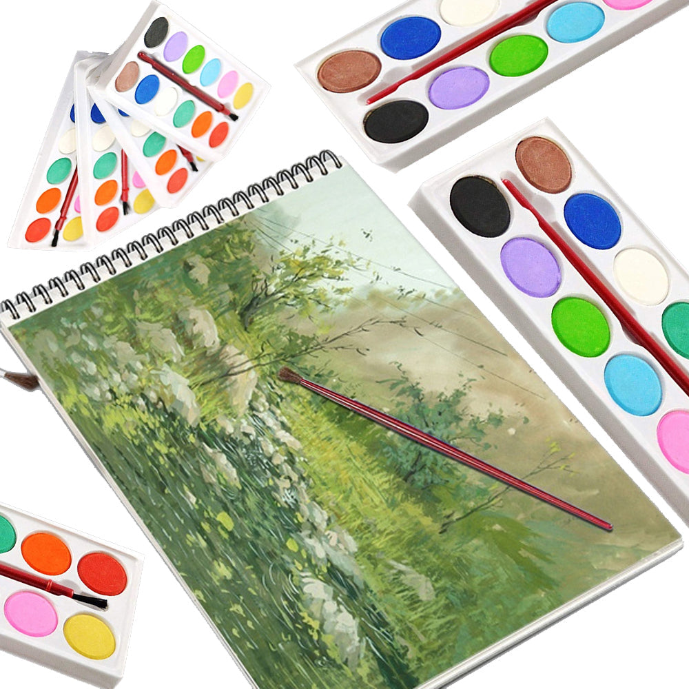Complete watercolor kit with 12 non-toxic shades and a paint brush for students.