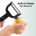 Hand holding the peeler, demonstrating vegetable julienne slicing in a kitchen.