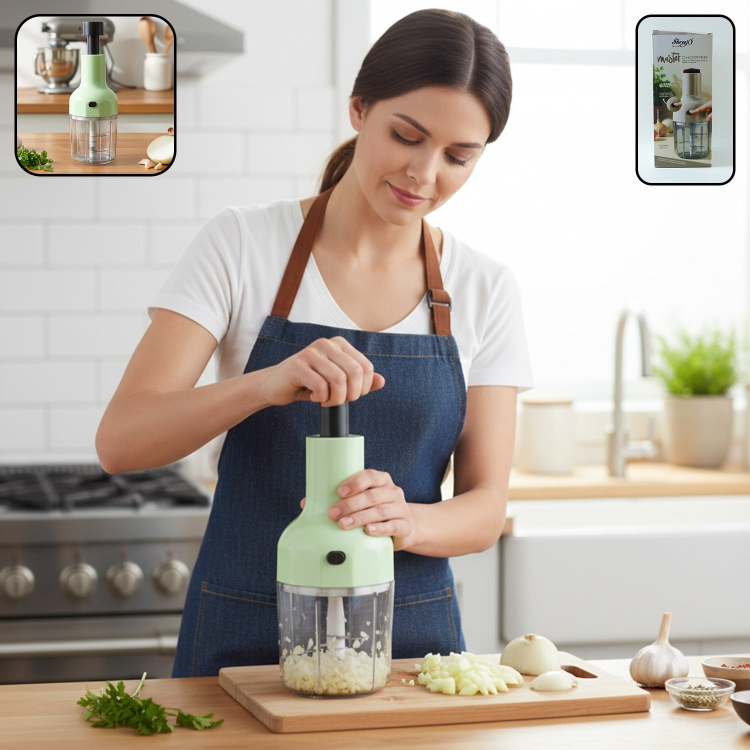 Manual vegetable chopper with 1100 ML capacity on kitchen counter