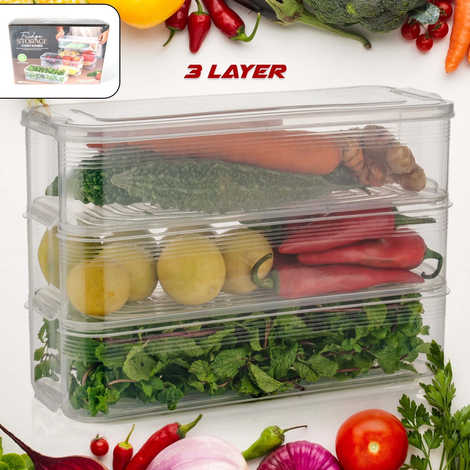 Organizing a fridge with clear plastic storage containers for various food items.