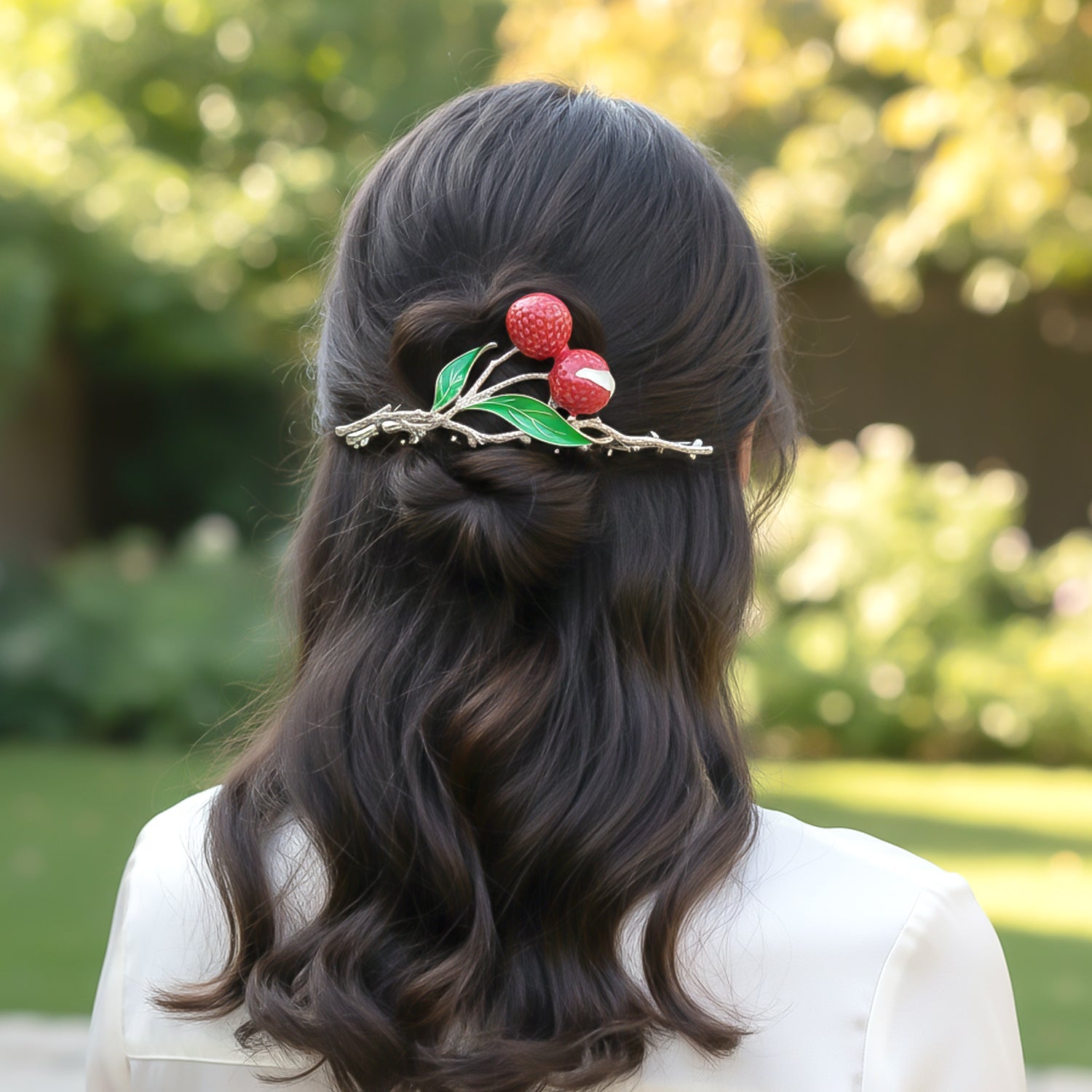 Close-up of berry design hair claw clip adding natural style to hairstyles