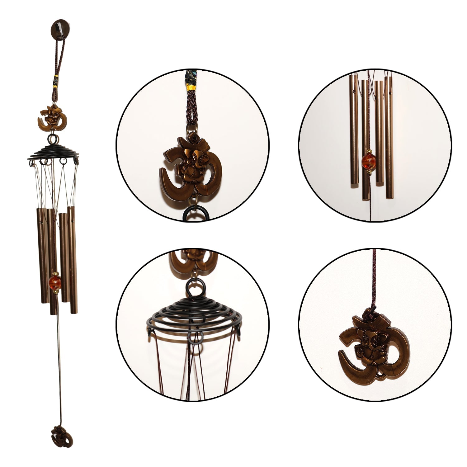 Indoor setting with metal wind chime featuring Om symbol