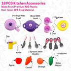 Close-up view of play cooking utensils from the kids kitchen set