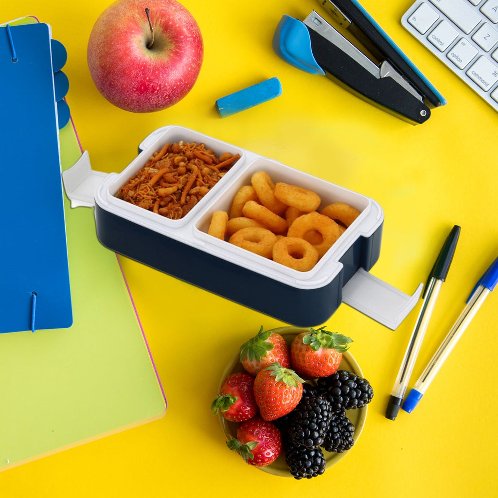 Stylish blue 2-compartment lunch box, perfect for carrying varied meals.