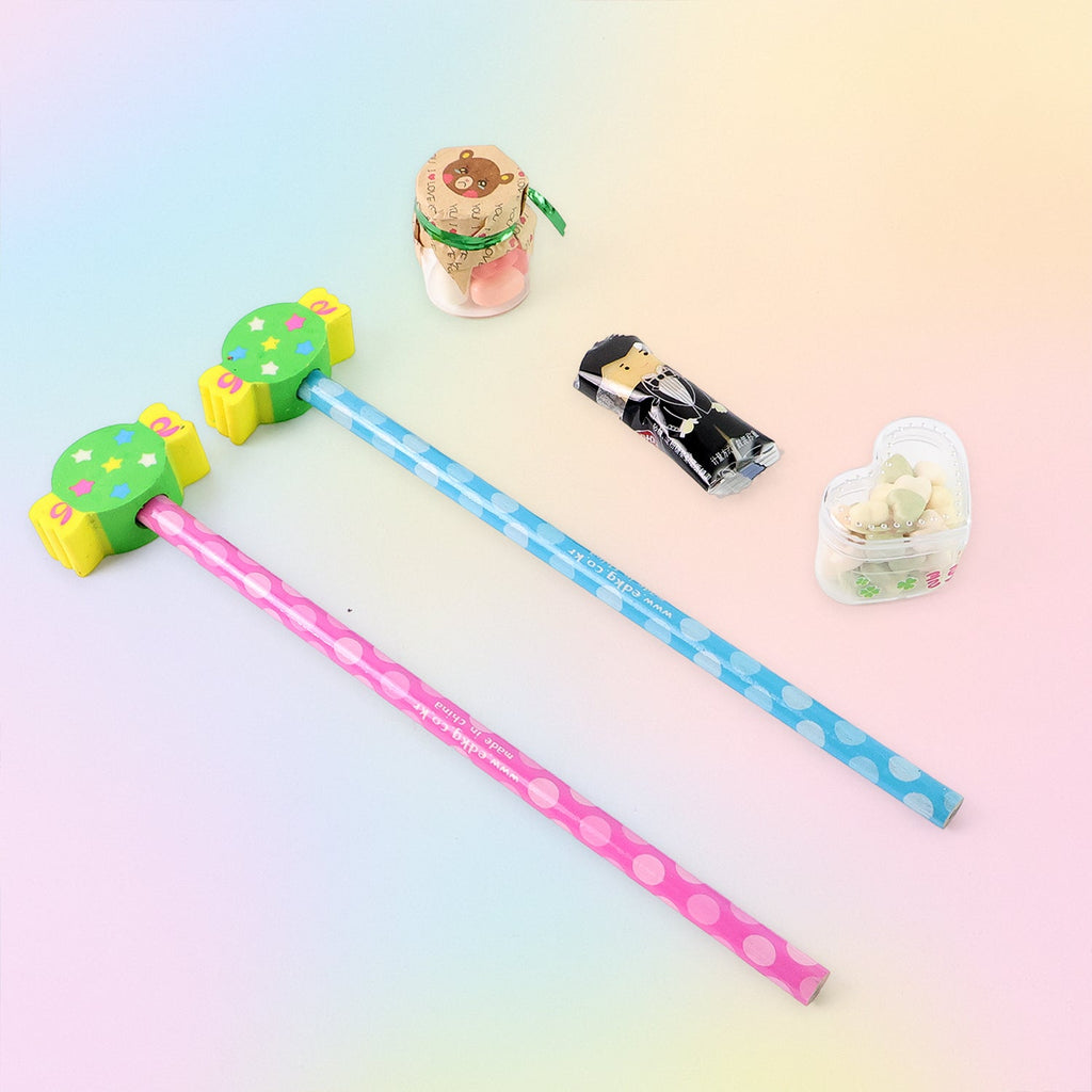 Kids stationery set with candy themed pencils and erasers