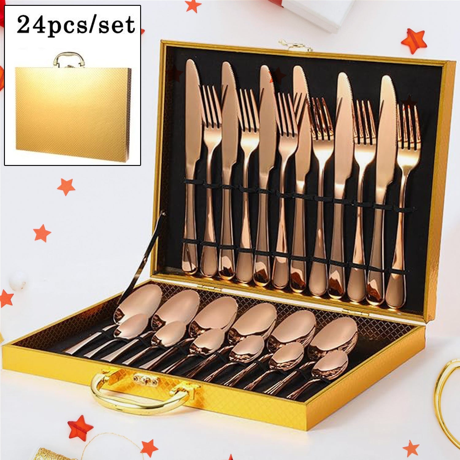 Gold knife and spoon set displayed with luxurious gift packaging.