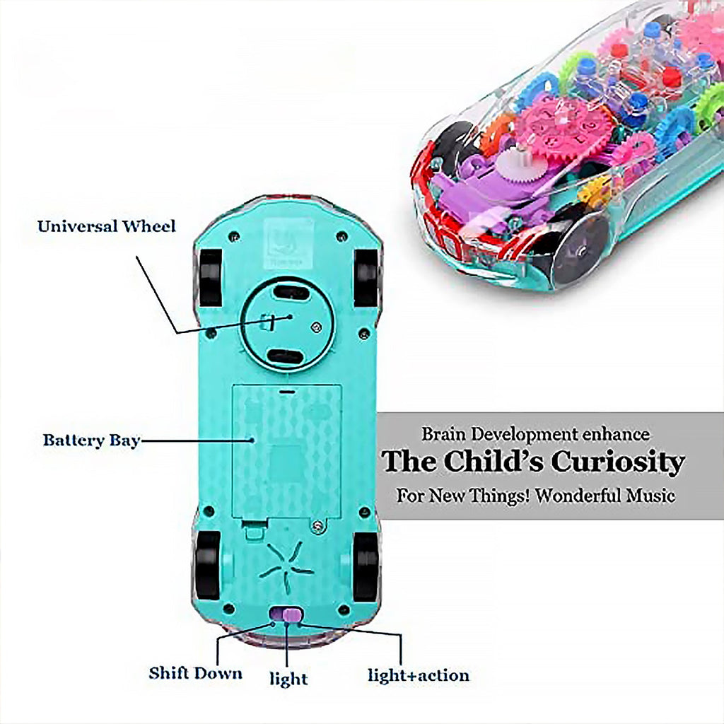 Front perspective of the transparent gear car toy, illuminated by dynamic 3D flashing lights.