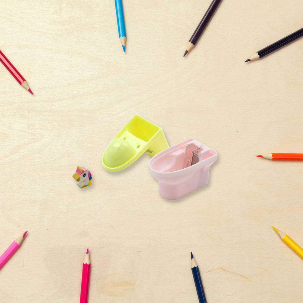 Side view of a blue toilet pencil sharpener with an integrated eraser.