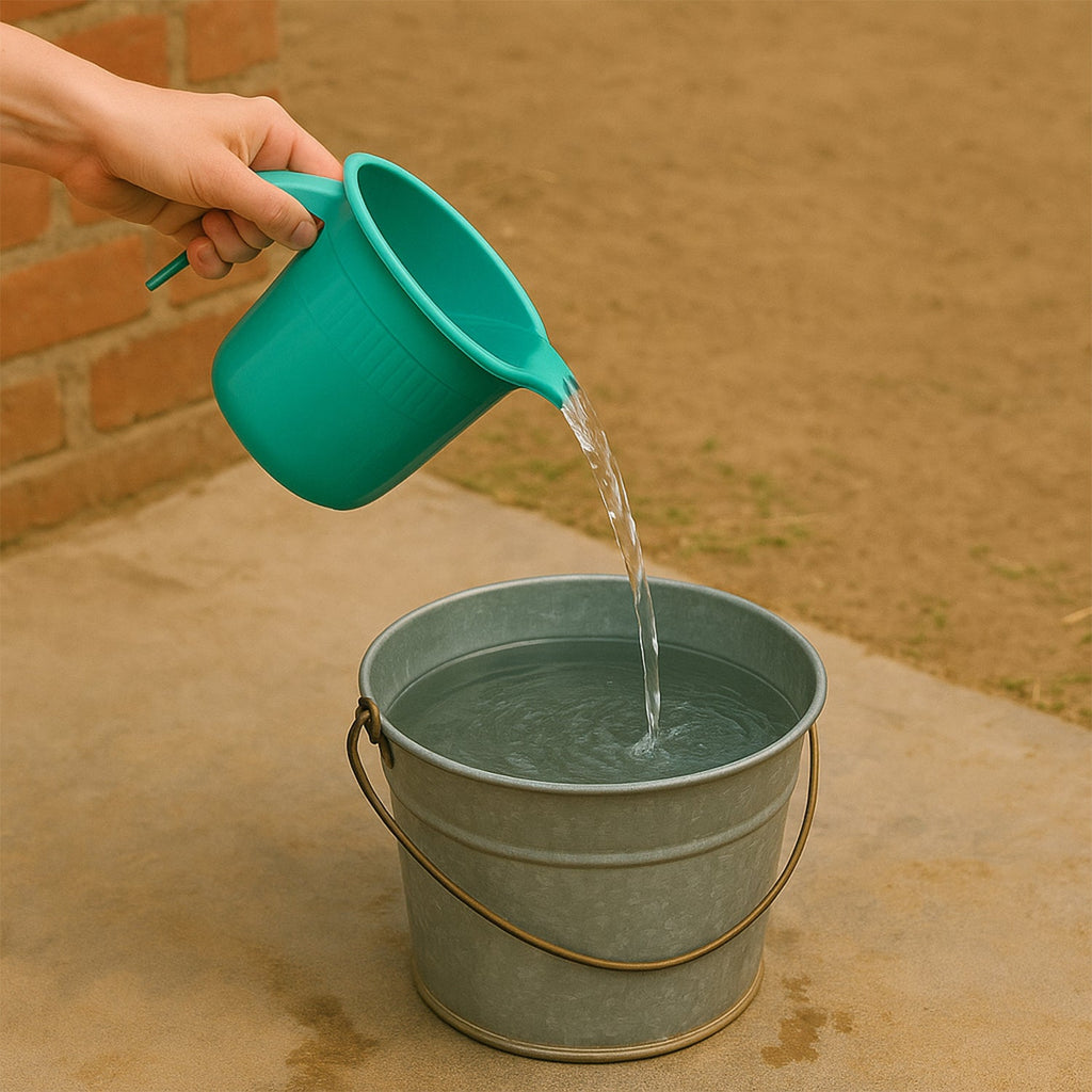 Spill-resistant pouring spout on plastic bath mug