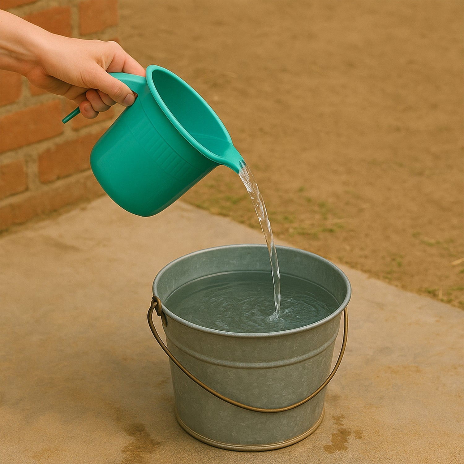 Spill-resistant pouring spout on plastic bath mug