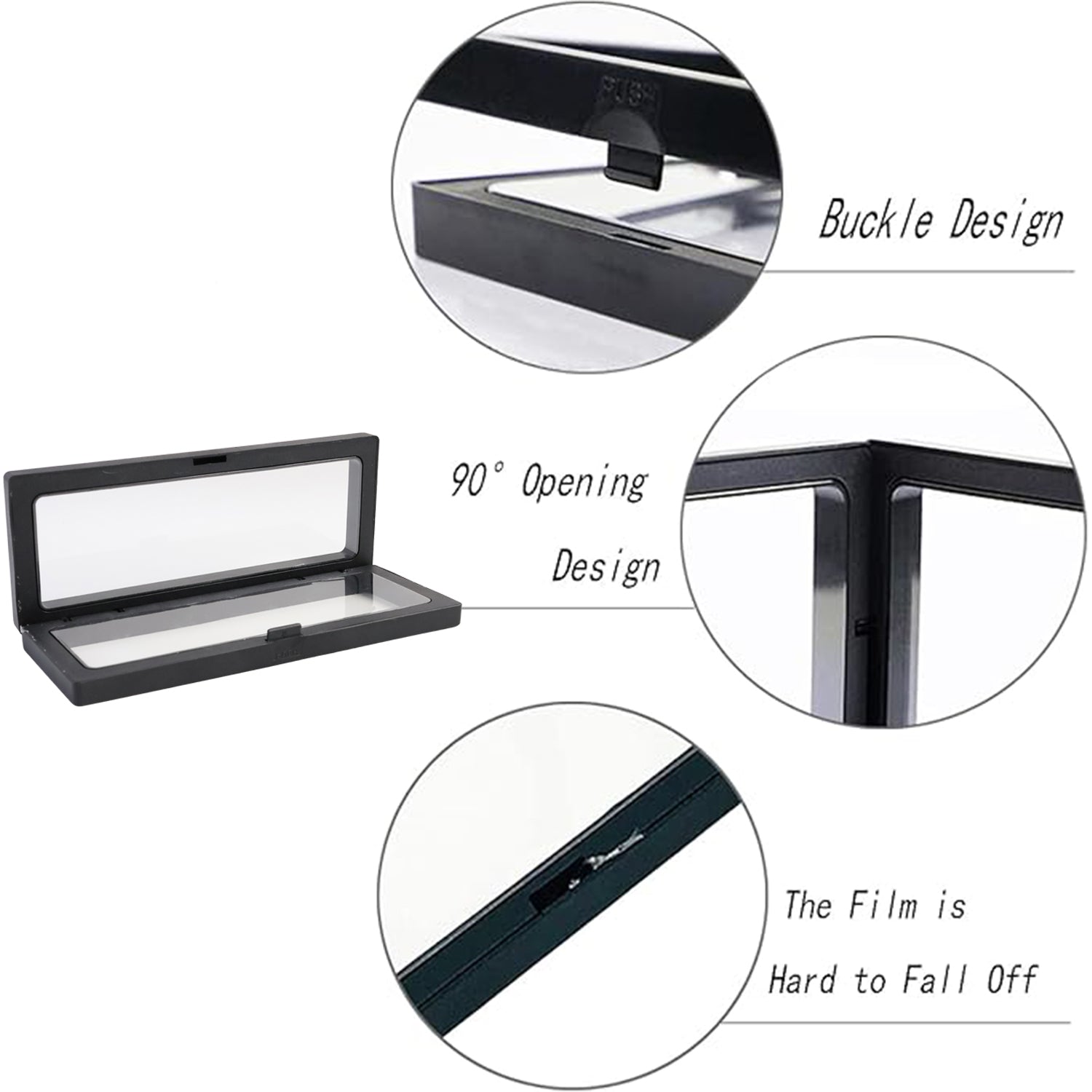 Side angle of transparent jewellery display box showing floating suspension design