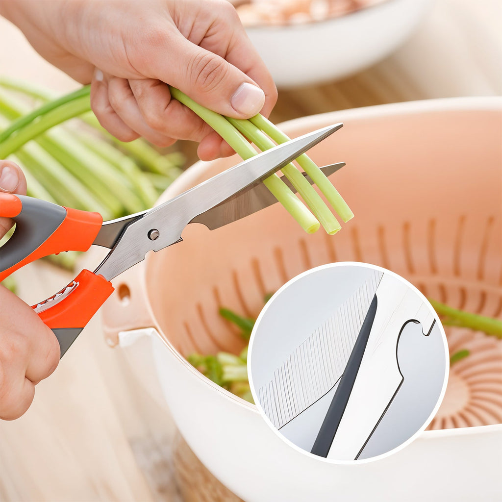 Multi-function kitchen scissors effortlessly slicing through fresh vegetables on a cutting board.