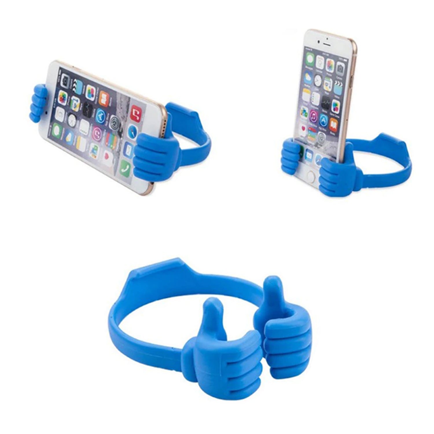 Person's hand easily holding the lightweight hand shape mobile stand, highlighting portability.