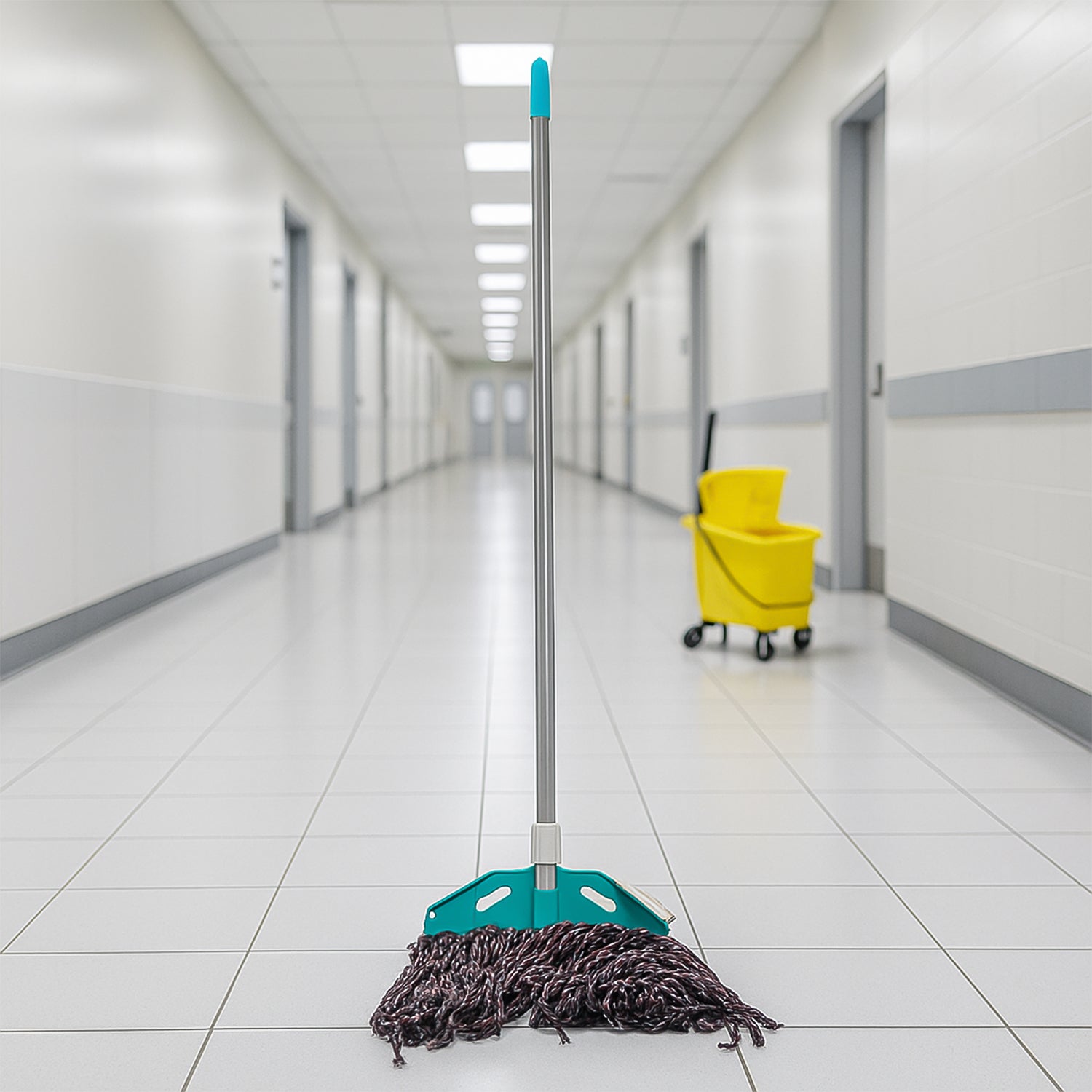 Cotton yarn floor mop showing thick absorbent strands and long handle