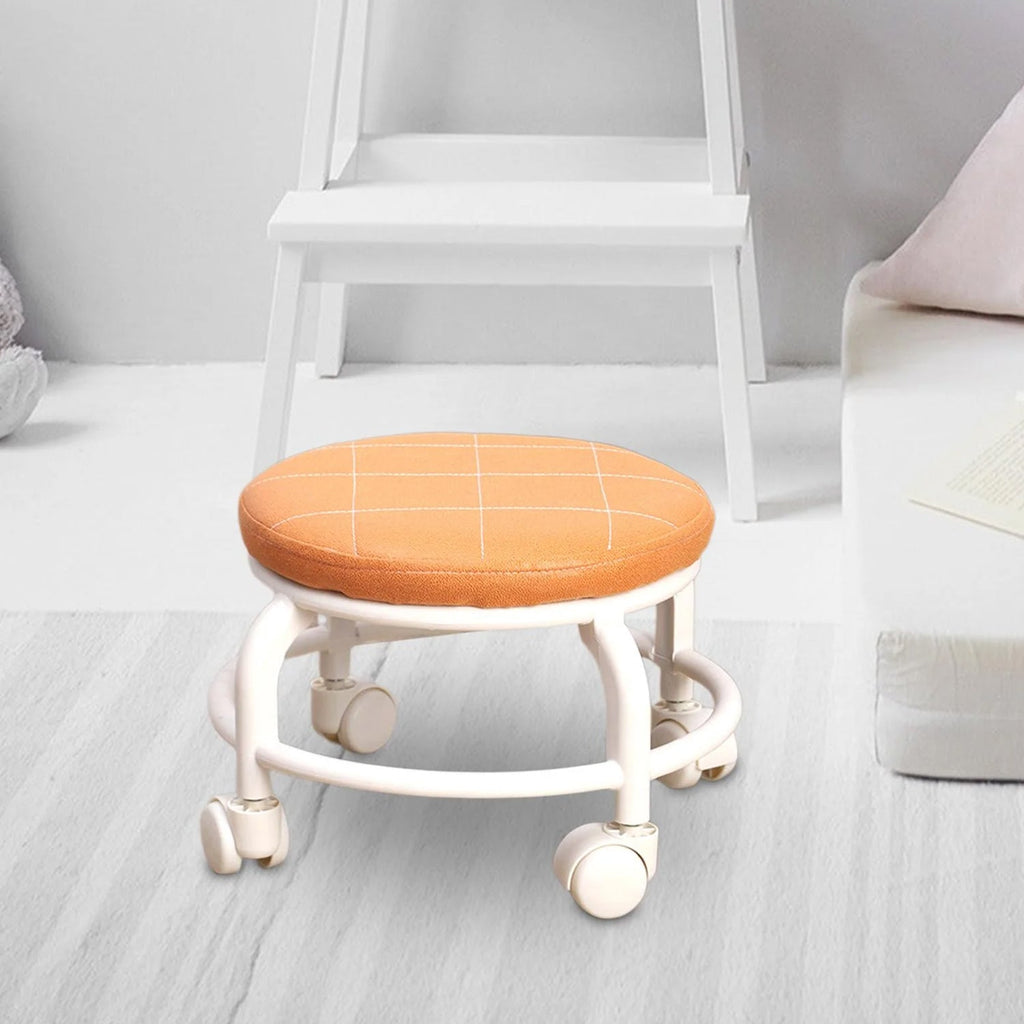 Side view of the portable rolling stool highlighting its sturdy wheels.