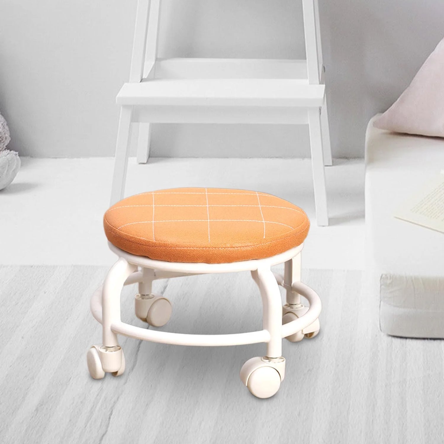 Side view of the portable rolling stool highlighting its sturdy wheels.
