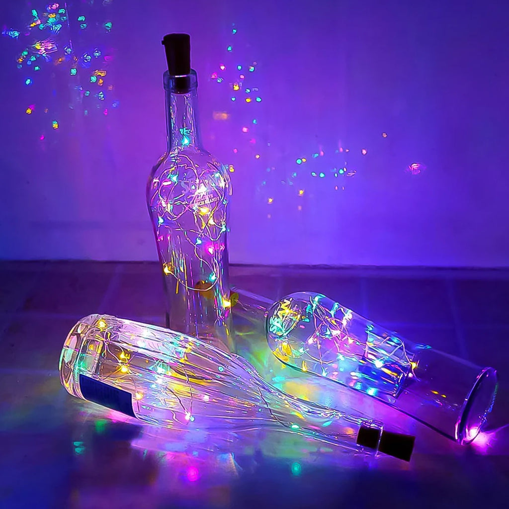 Close-up image of flexible copper wire LED bottle cork light turned on