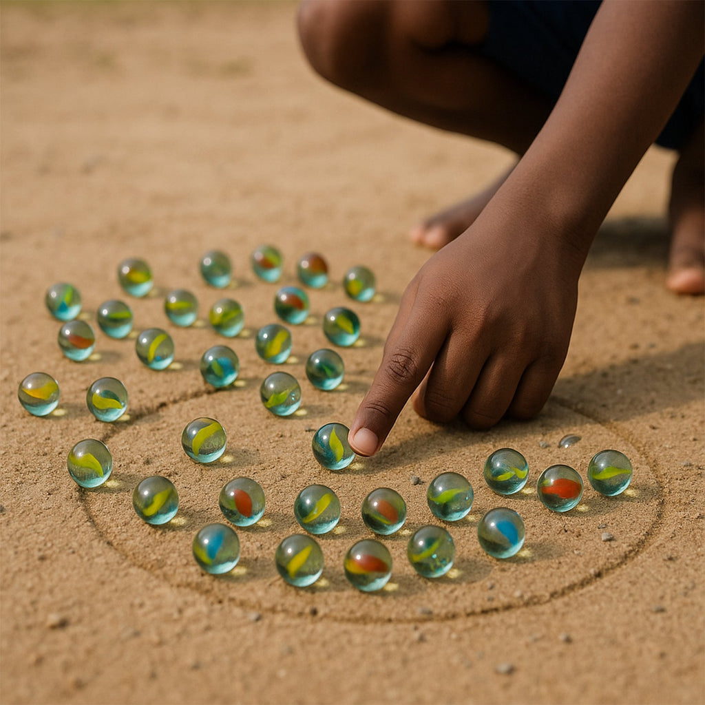 Various vibrant glass marbles in multiple colors for traditional games and decoration