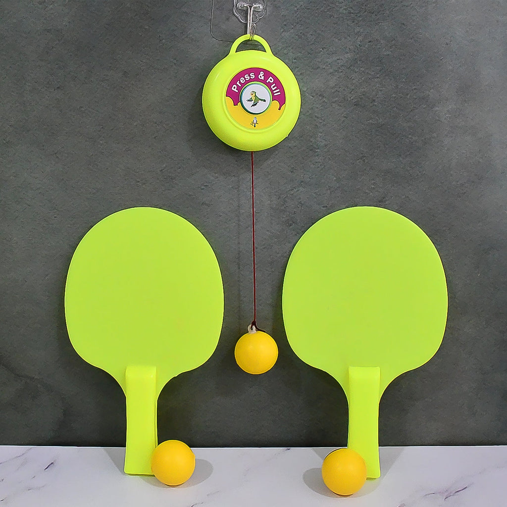 Hanging table tennis training set mounted on a wall, demonstrating easy setup.