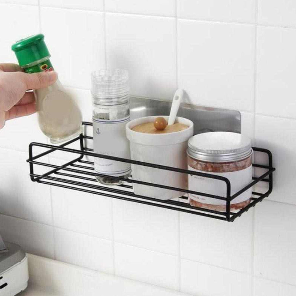 Close-up of the durable metal wall mount bathroom shelf.