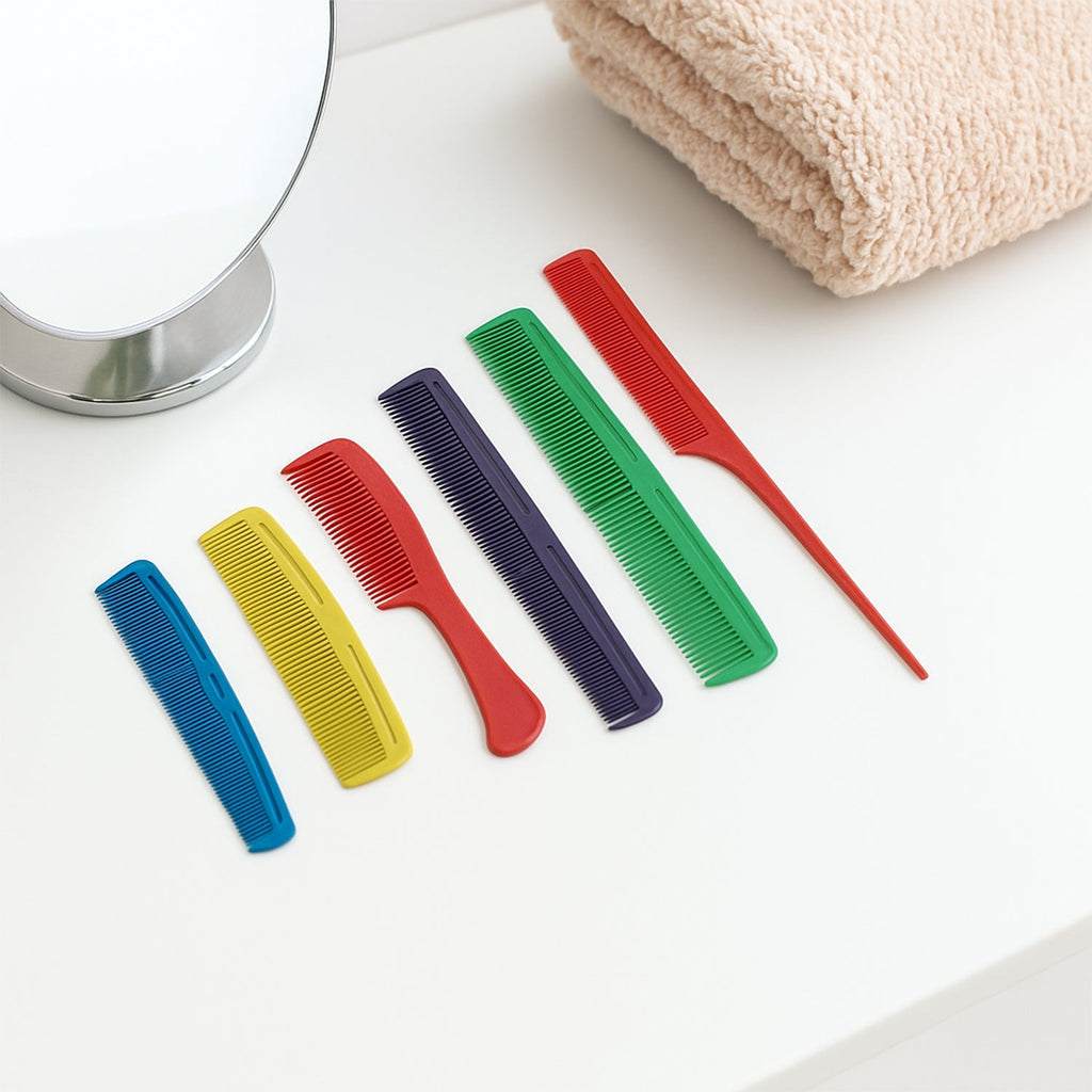 Closeup of assorted hair combs from styling set