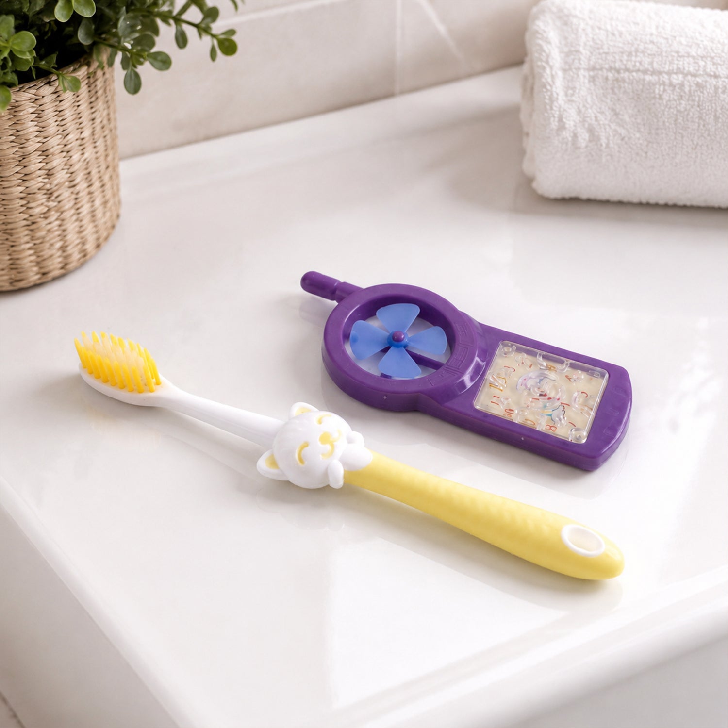 Child holding the cartoon toothbrush with fan toy and smiling