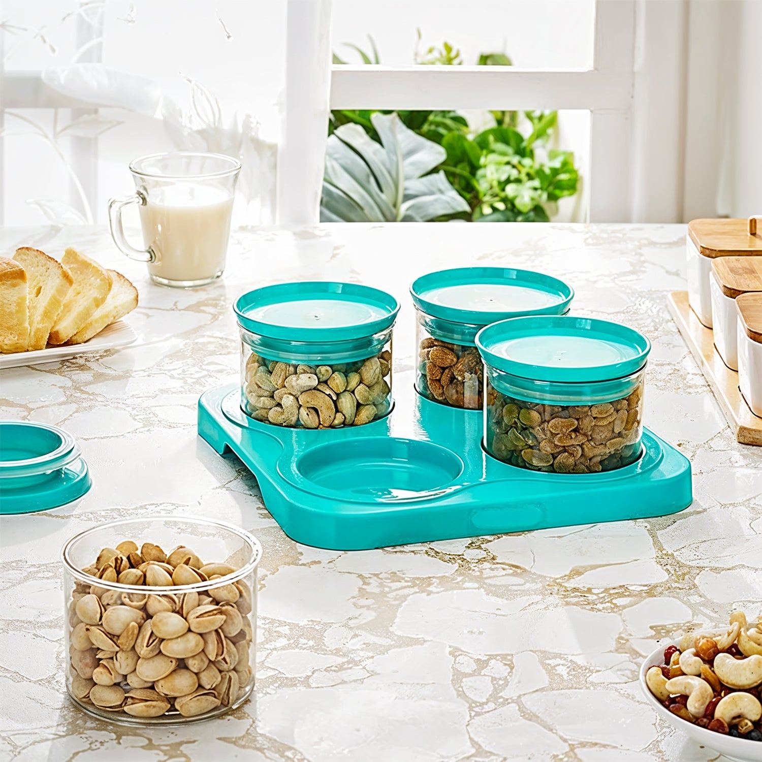 Organivo Mukhwas Dani Set filled with colorful dry fruits and spices, ready for serving.