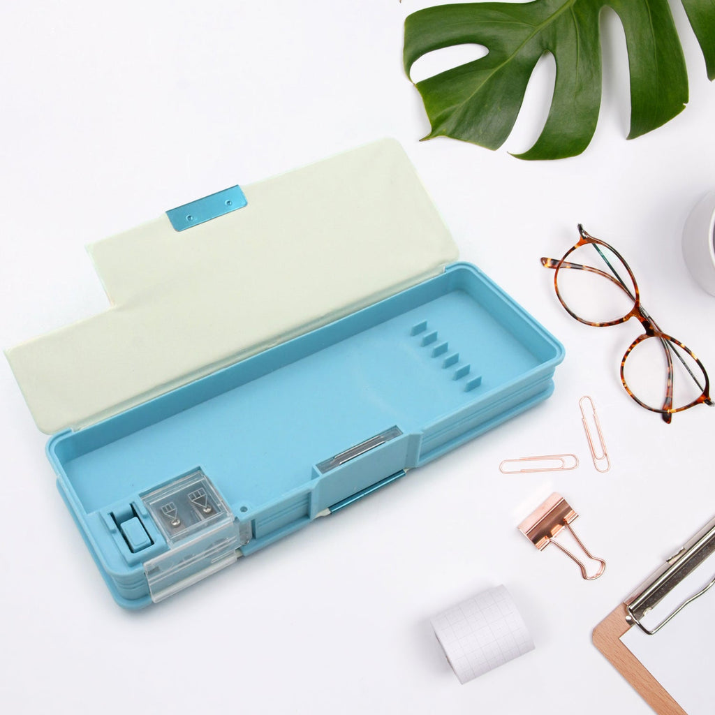 Two-compartment plastic stationery box, ideal for separating different types of school supplies.