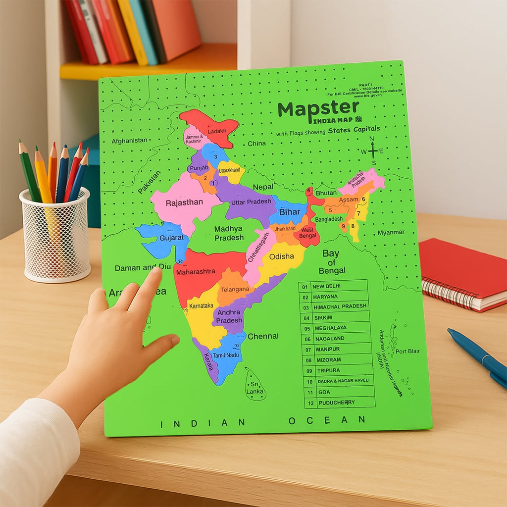 India Map Puzzle pieces and learning guide laid out for play