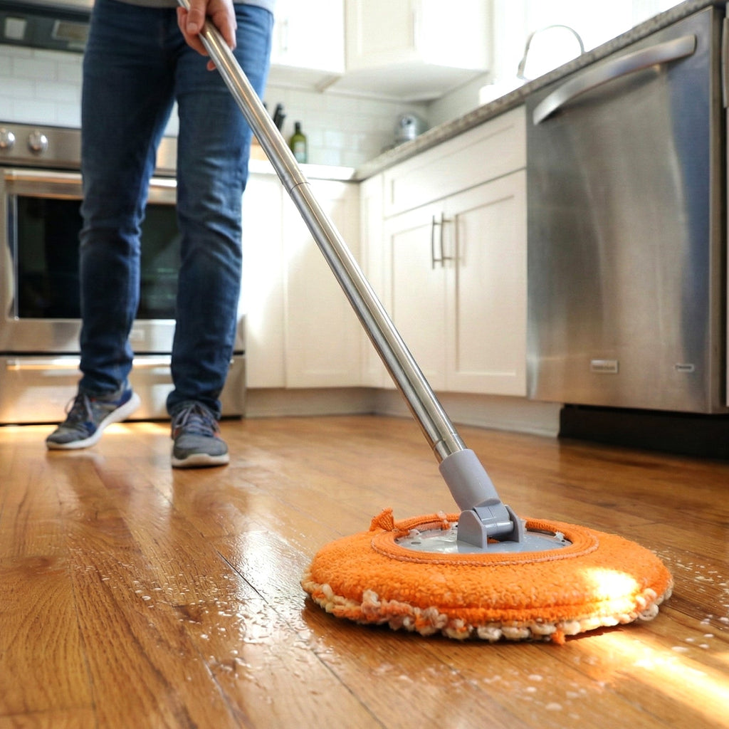 Multipurpose spin mop set with bucket in active floor cleaning use
