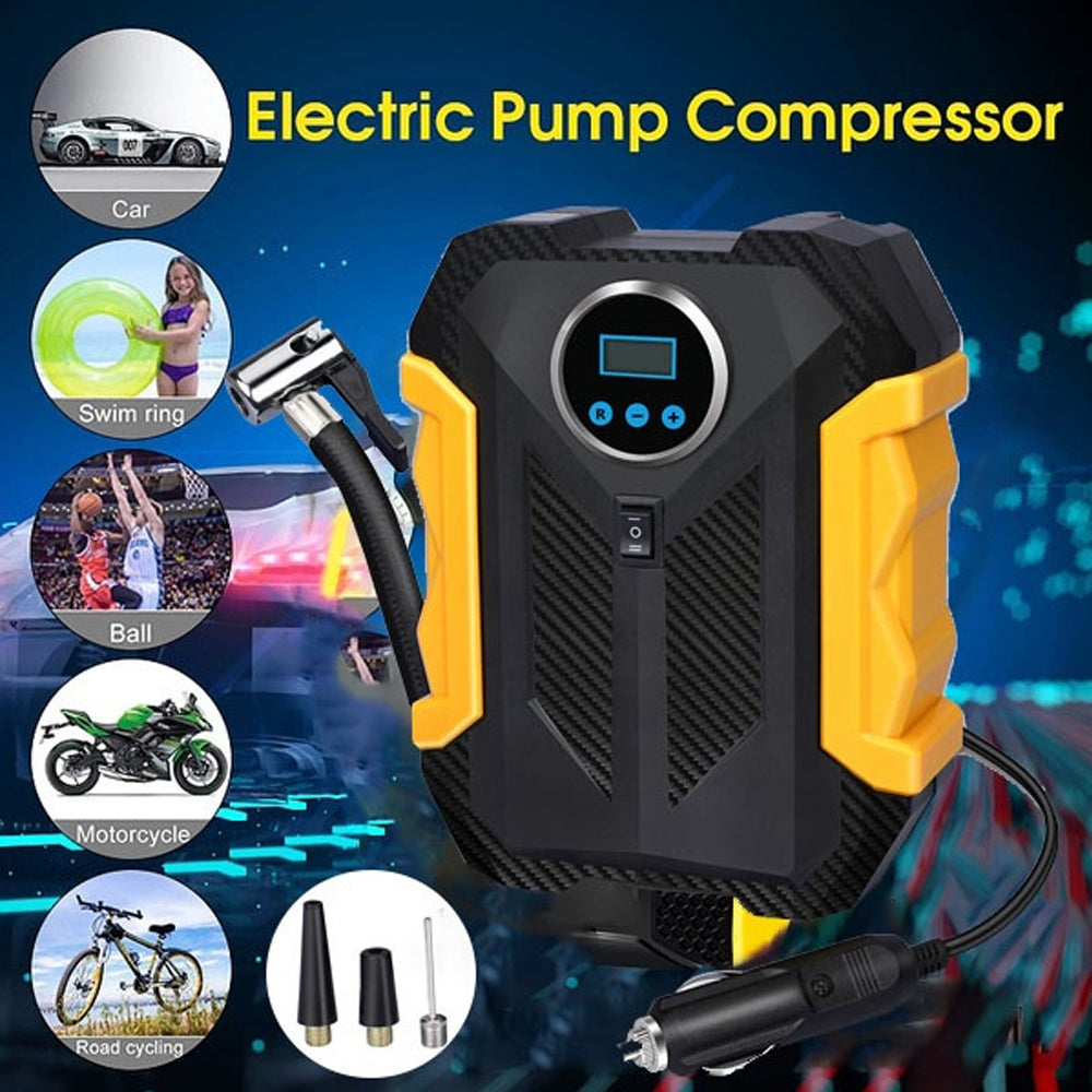 Easy-to-store 12V air pump for cars and bikes in India.