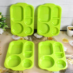 Angled view of a single 5-compartment food plate, highlighting its depth.