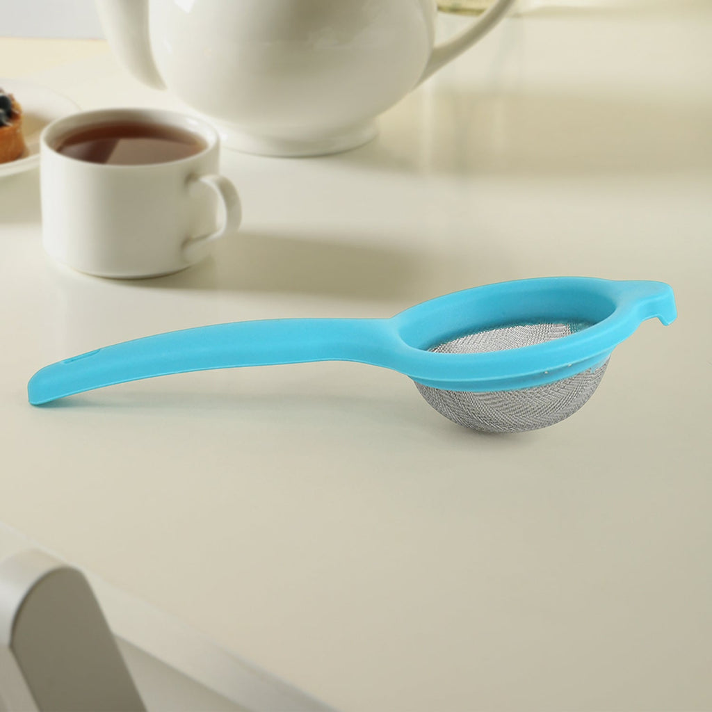Kadak stainless steel mesh tea strainer with plastic handle on white background