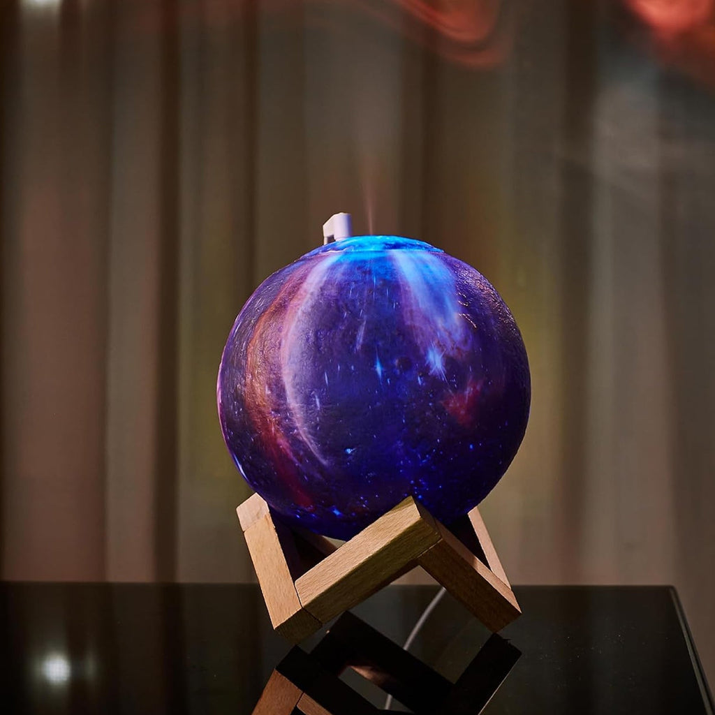 3D Moon Lamp Diffuser displayed with its wooden stand and USB power cable