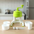 Manual ice crusher with hand crank and colorful bowls for snow cones
