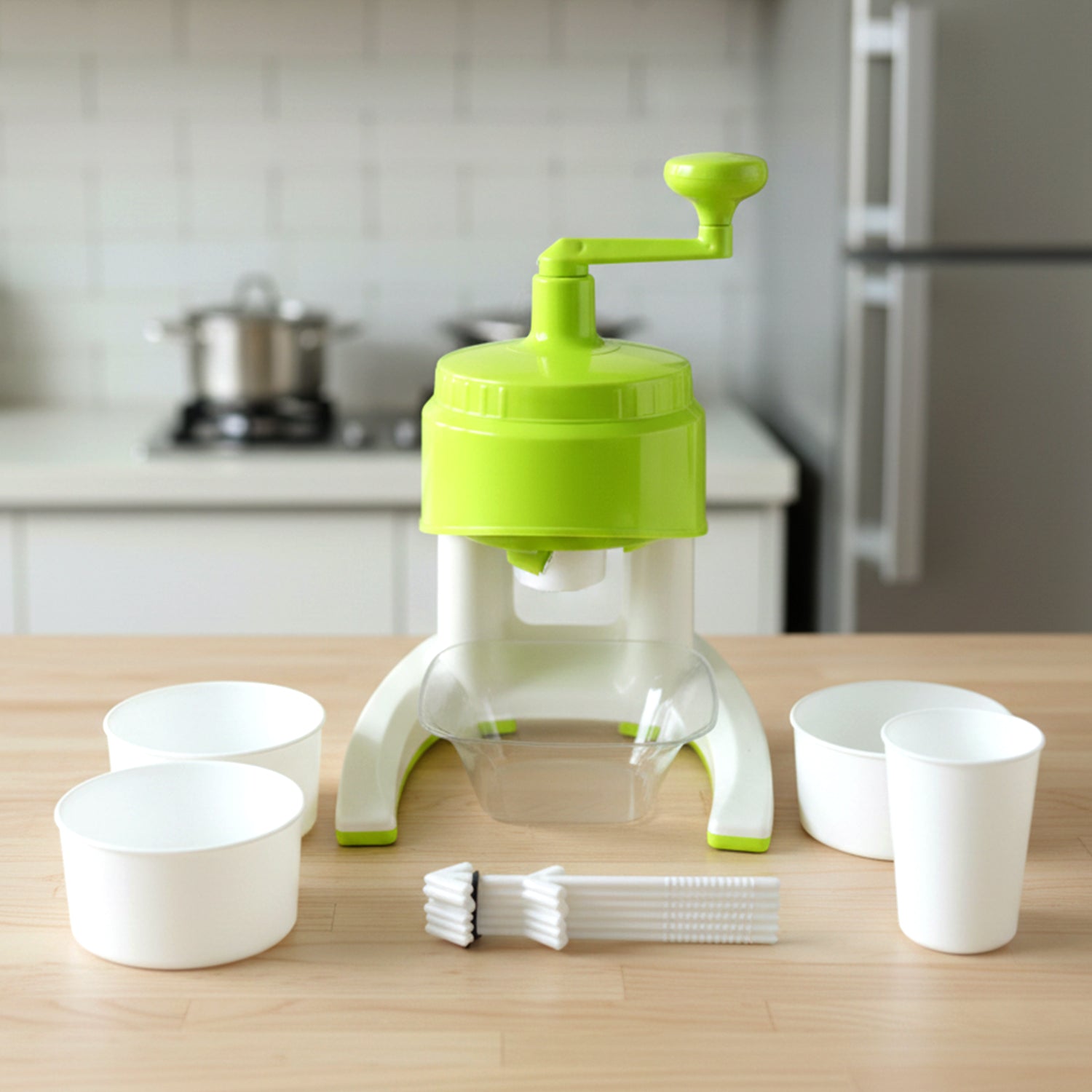 Manual ice crusher with hand crank and colorful bowls for snow cones
